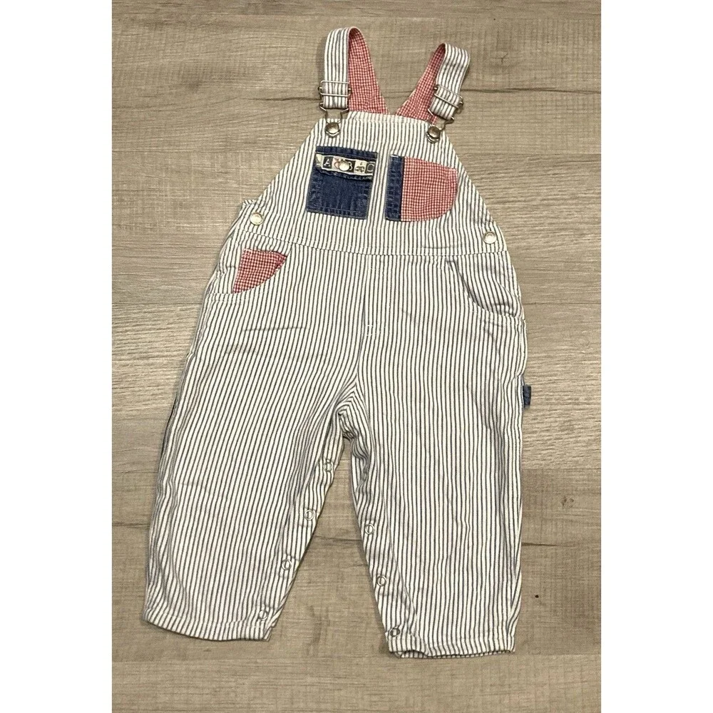 Vintage 90 Baby Gap Boys Stripe Denim Overalls & Shirt XL 18-24 Months Snaps